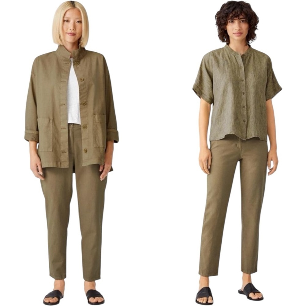 EILEEN FISHER Organic Cotton Hemp Stretch Tapered Ankle Pant Olive Khaki 12 - Picture 2 of 9